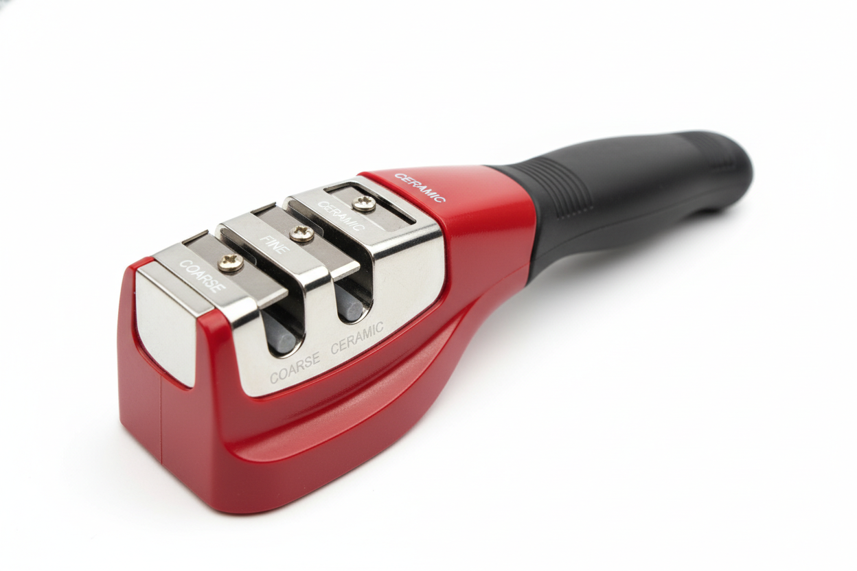 afilador de cuchillo rojo con mango con tres marte 